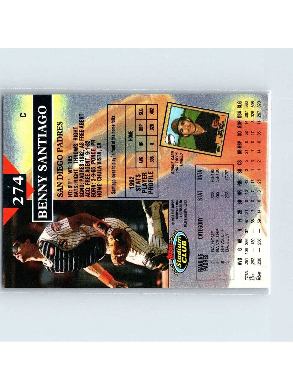 1993 Topps Stadium Club Benny Santiago #274 1st Day Production San Diego Padres